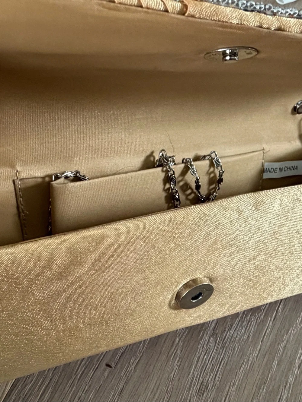 Gold Baguette Style Evening Bag with Rhinestone Detail